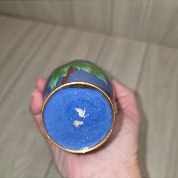 Vtg Floral Cloisonne Vase Chinese Brass Enamel Blue Victorian Hollywood Regency - Picture 7 of 9